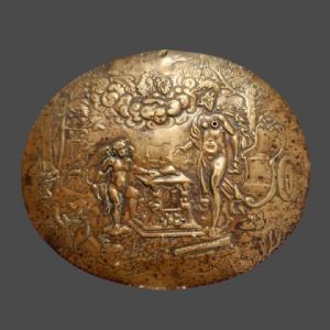 Oval brass plaque depicting Diana and Cupid topped by Zeus, early 17th century